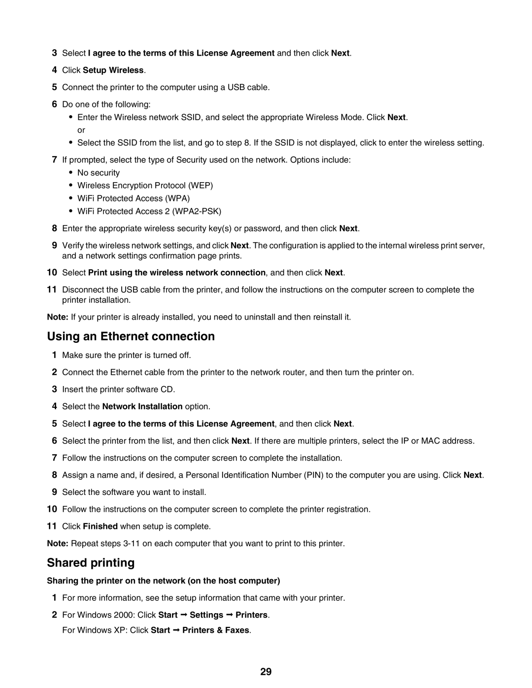 Lexmark 9300 Series Using an Ethernet connection, Shared printing, Sharing the printer on the network on the host computer 