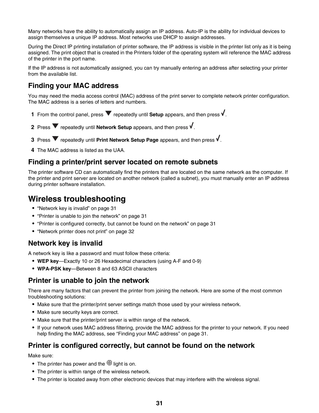 Lexmark 9300 Series manual Wireless troubleshooting, Finding your MAC address, Network key is invalid 