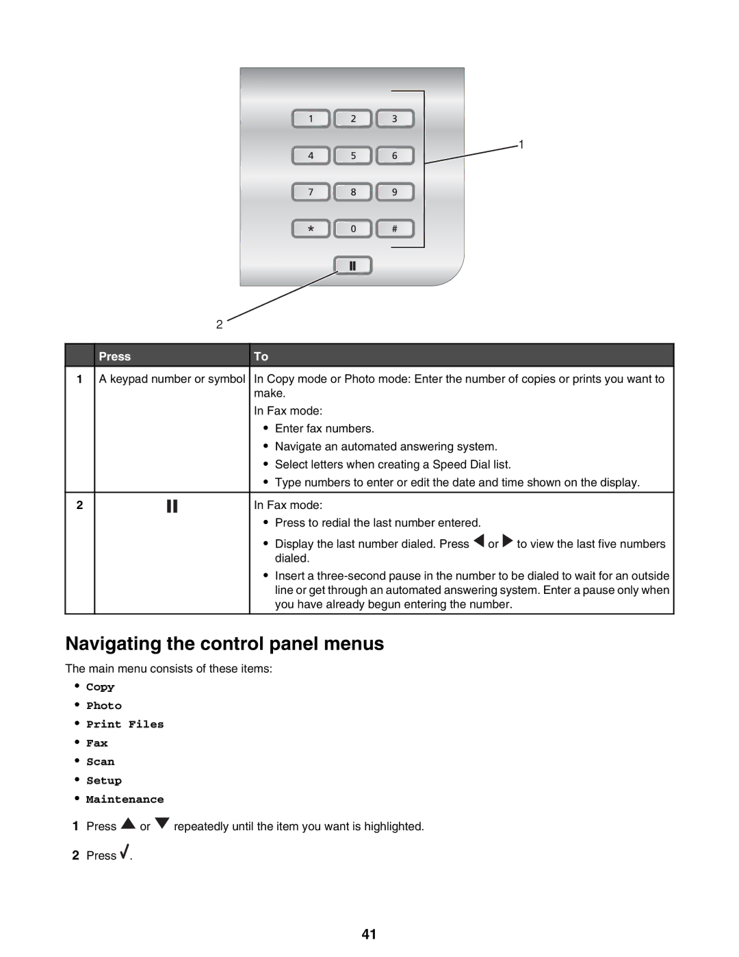 Lexmark 9300 Series manual Navigating the control panel menus, Press 