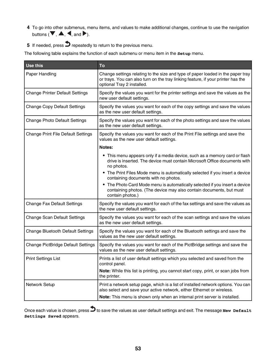 Lexmark 9300 Series manual Settings Saved appears 