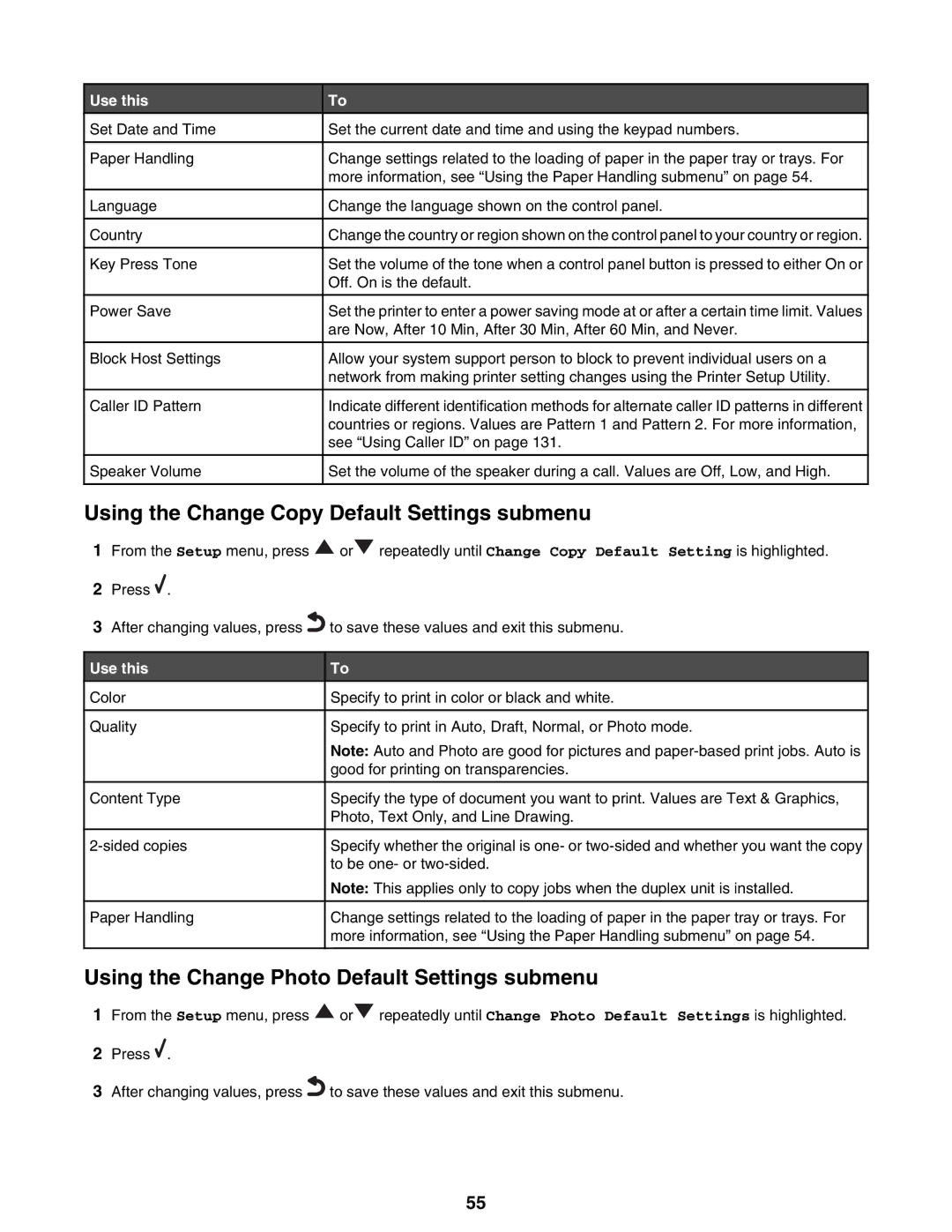 Lexmark 9300 Series manual Using the Change Copy Default Settings submenu, Using the Change Photo Default Settings submenu 