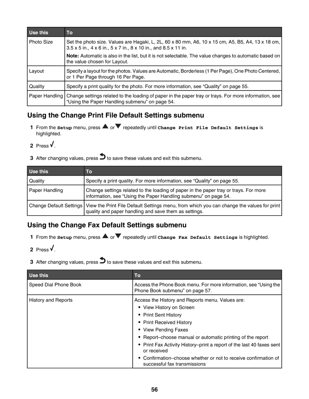 Lexmark 9300 Series Using the Change Print File Default Settings submenu, Using the Change Fax Default Settings submenu 