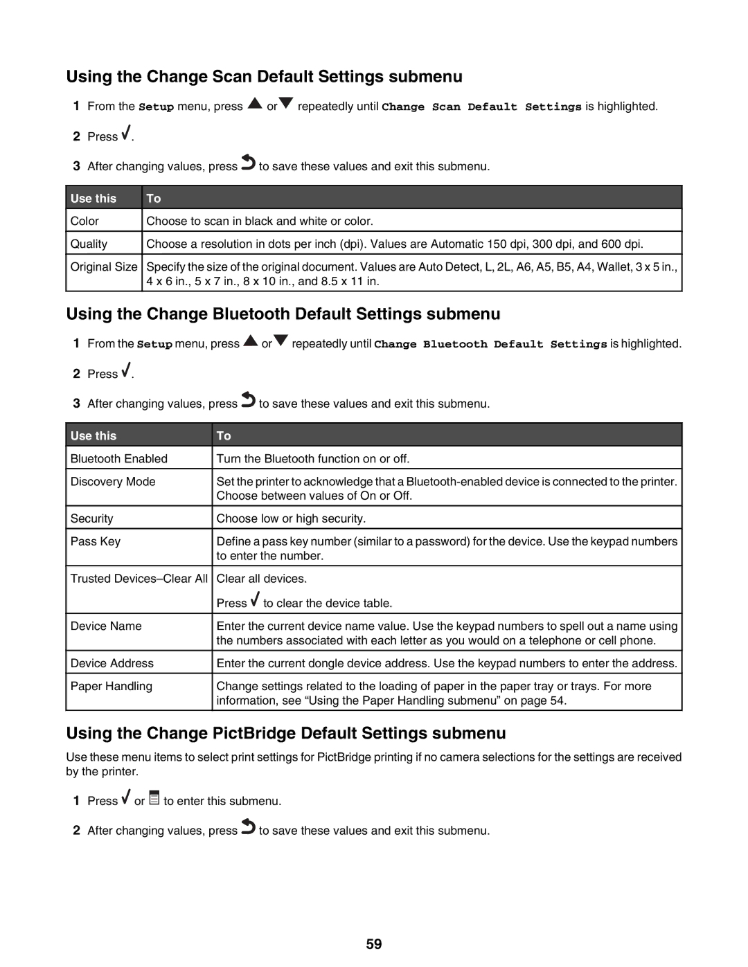 Lexmark 9300 Series Using the Change Scan Default Settings submenu, Using the Change Bluetooth Default Settings submenu 