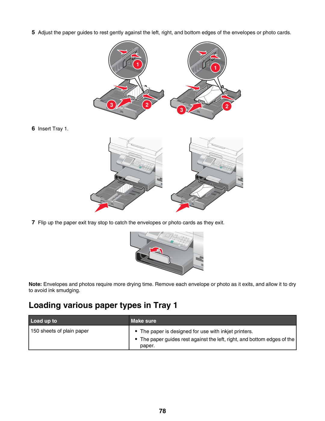 Lexmark 9300 Series manual Loading various paper types in Tray, Load up to Make sure 