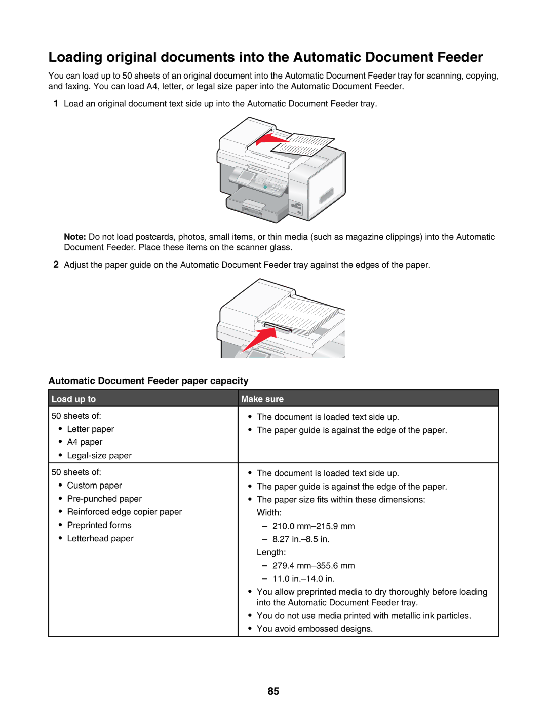 Lexmark 9300 Series manual Automatic Document Feeder paper capacity 