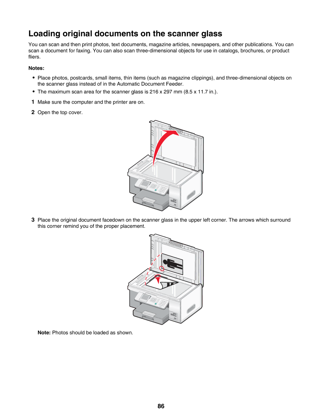 Lexmark 9300 Series manual Loading original documents on the scanner glass 