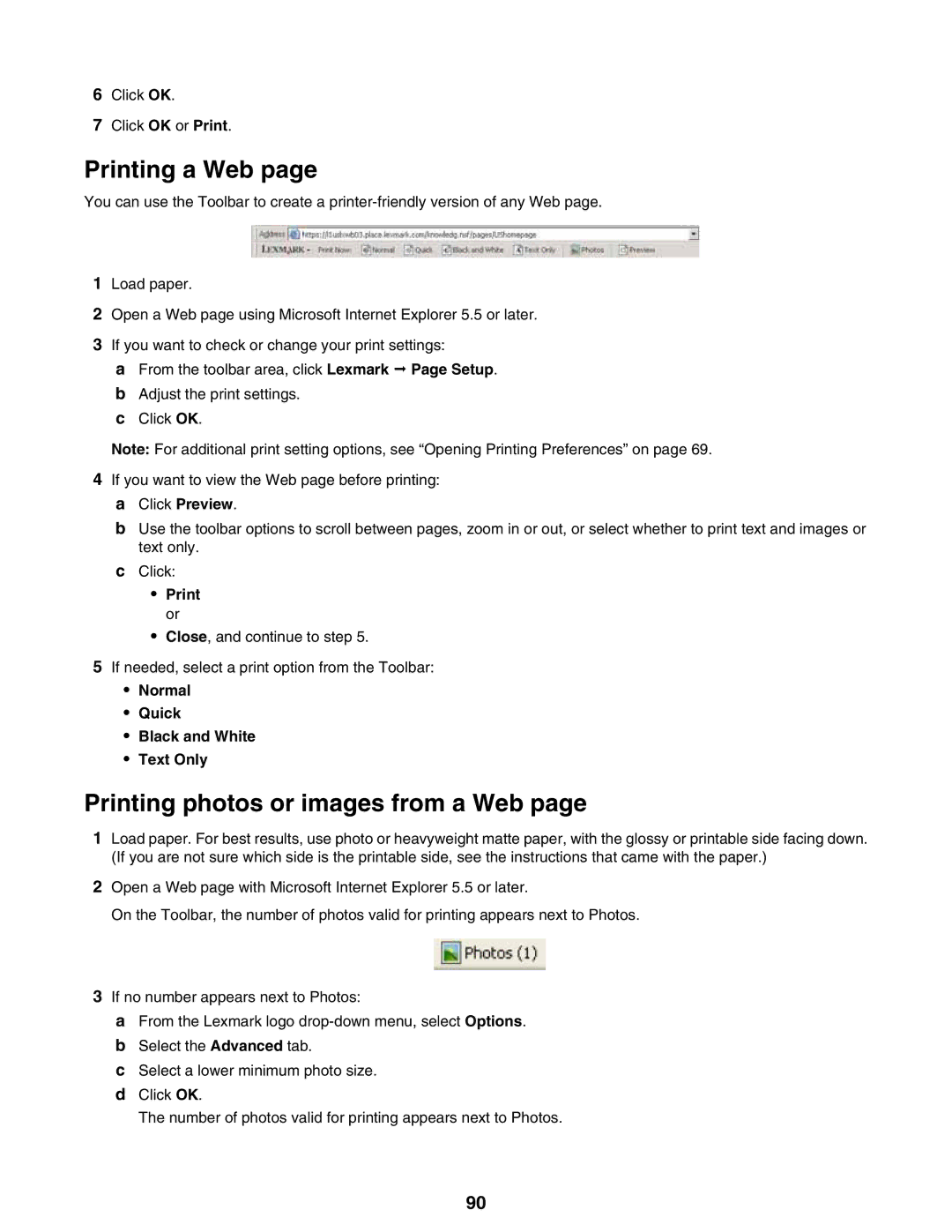 Lexmark 9300 Series Printing a Web, Printing photos or images from a Web, Print or, Normal Quick Black and White Text Only 