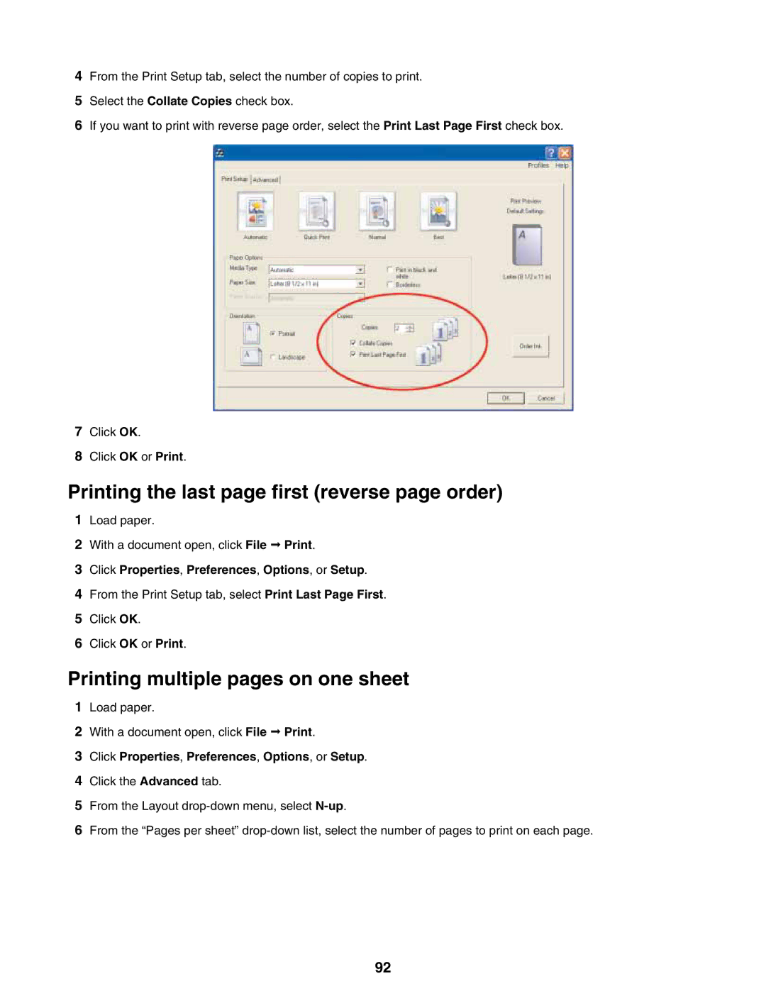 Lexmark 9300 Series manual Printing the last page first reverse page order, Printing multiple pages on one sheet 