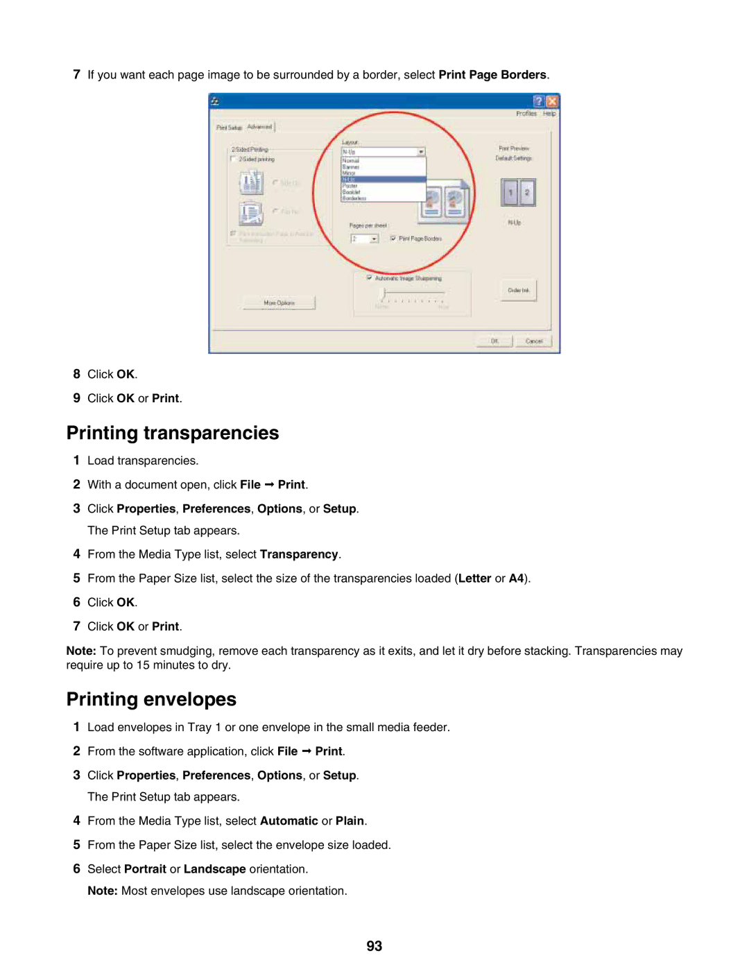 Lexmark 9300 Series manual Printing transparencies, Printing envelopes 