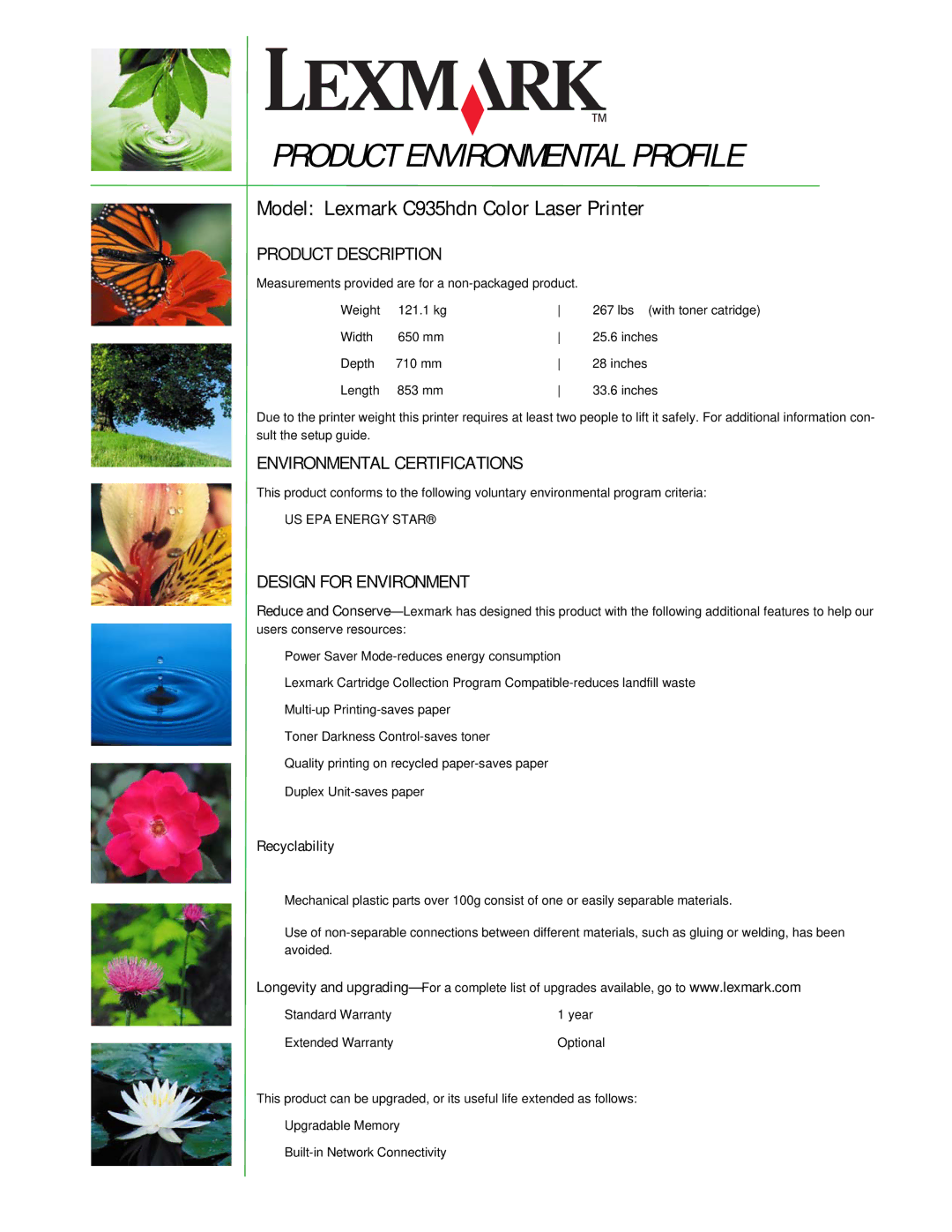 Lexmark 935hdn setup guide Product Description, Environmental Certifications, Design for Environment 