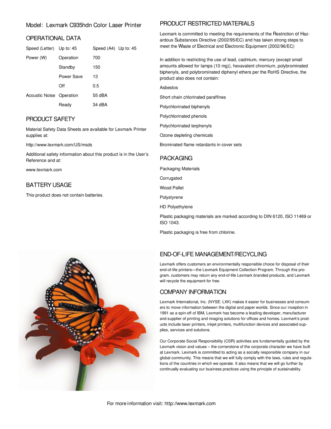 Lexmark 935hdn setup guide Operational Data, Product Safety, Battery Usage, Product Restricted Materials, Packaging 