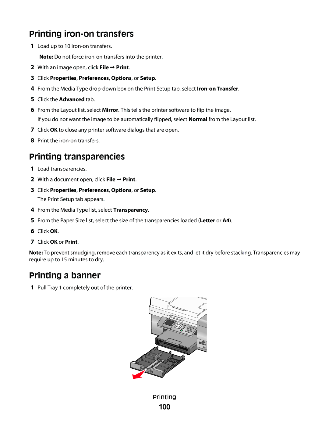 Lexmark 9500 Series manual Printing iron-on transfers, Printing transparencies, Printing a banner, 100 