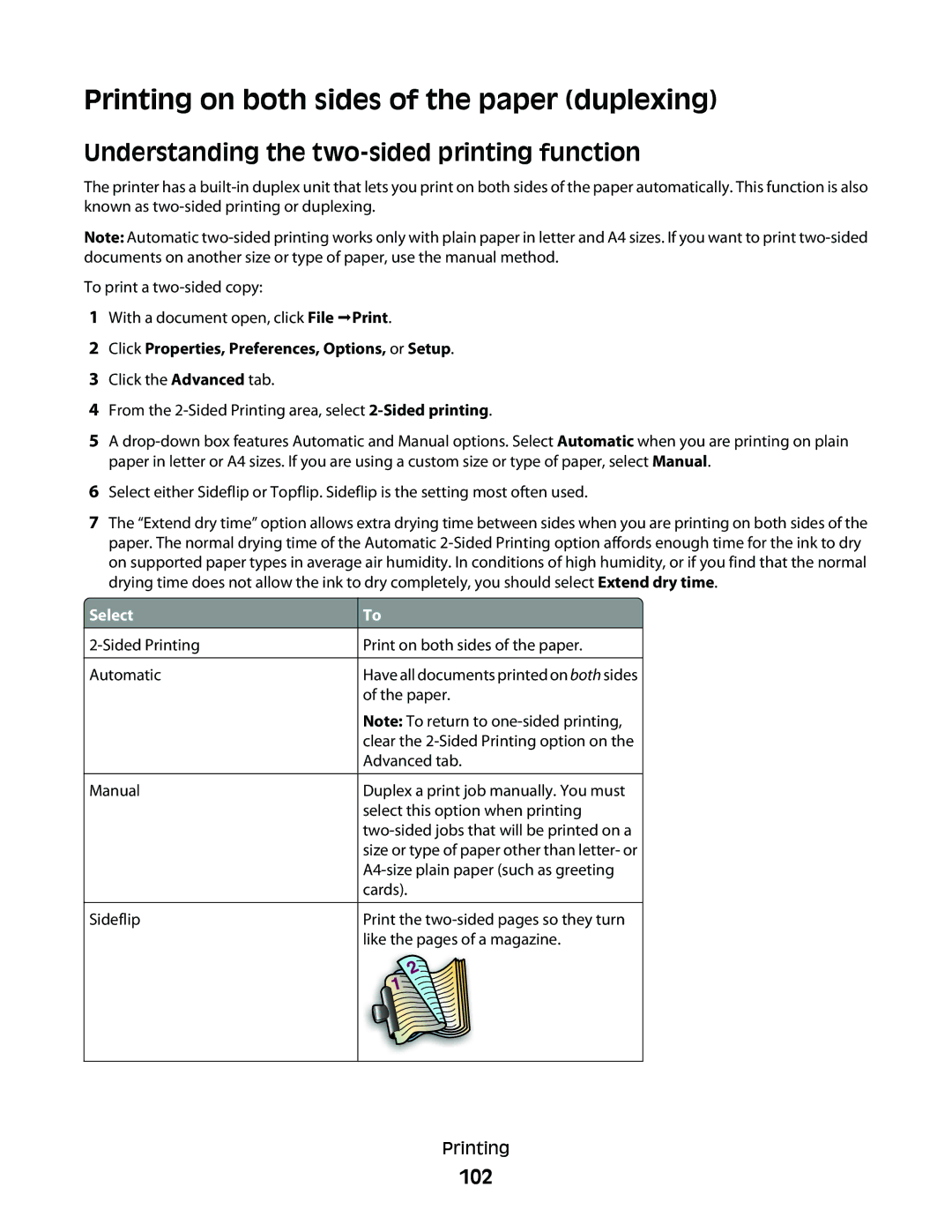 Lexmark 9500 Series Printing on both sides of the paper duplexing, Understanding the two-sided printing function, 102 