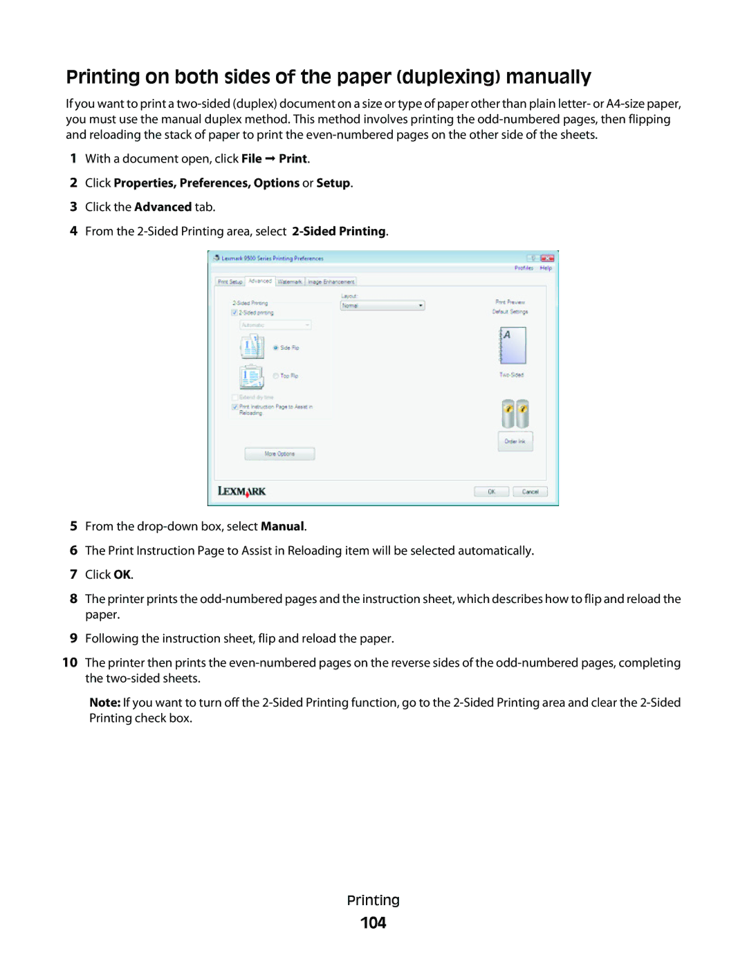 Lexmark 9500 Series Printing on both sides of the paper duplexing manually, 104 