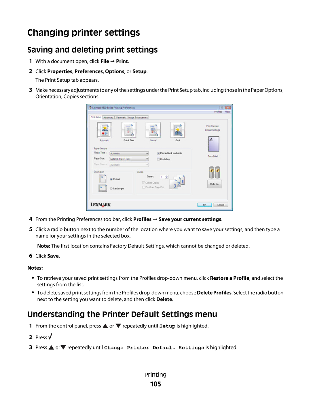 Lexmark 9500 Series manual Understanding the Printer Default Settings menu, 105 