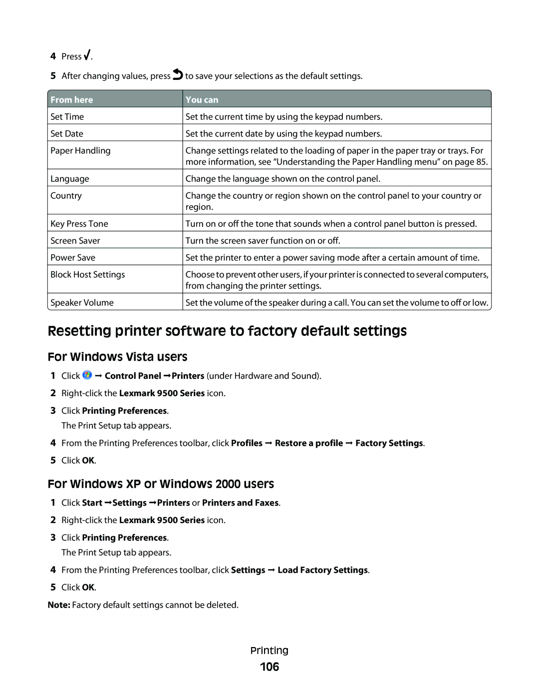 Lexmark 9500 Series Resetting printer software to factory default settings, For Windows XP or Windows 2000 users, 106 