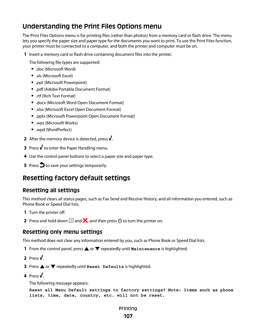 Lexmark 9500 Series Understanding the Print Files Options menu, Resetting factory default settings, Resetting all settings 