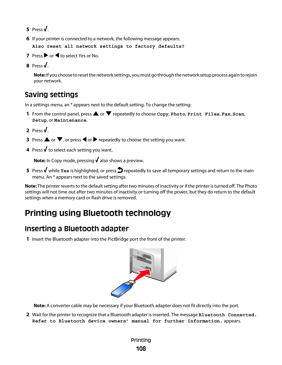 Lexmark 9500 Series manual Printing using Bluetooth technology, Saving settings, Inserting a Bluetooth adapter, 108 