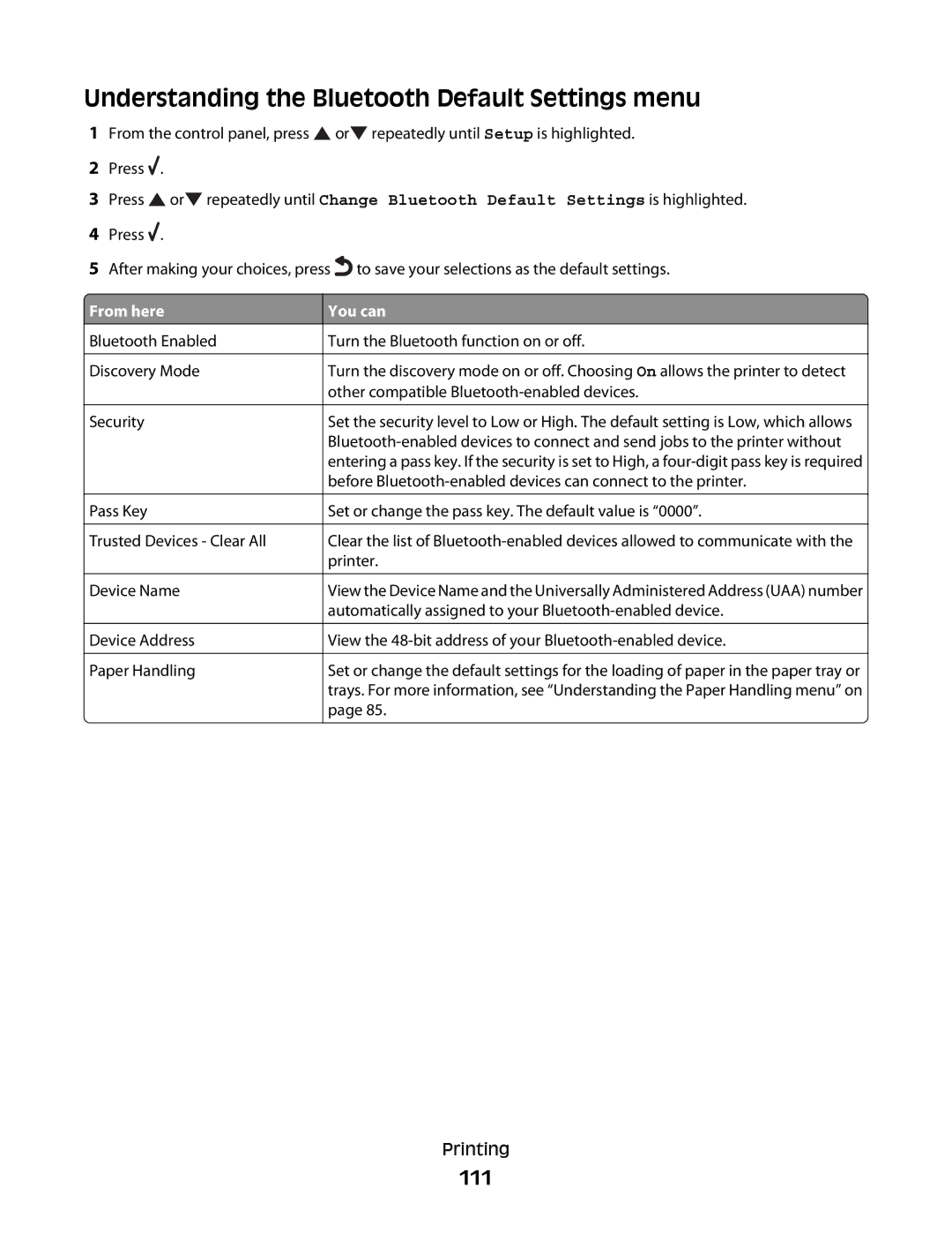 Lexmark 9500 Series manual Understanding the Bluetooth Default Settings menu, 111 