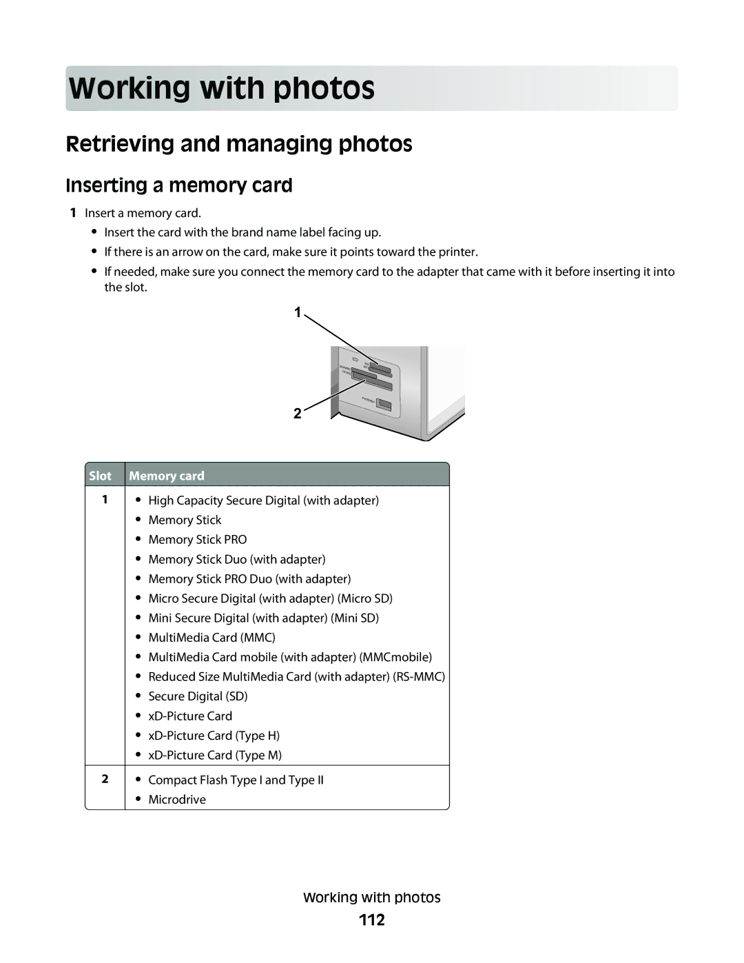 Lexmark 9500 Series Working with p ho tos, Retrieving and managing photos, Inserting a memory card, 112, Slot Memory card 