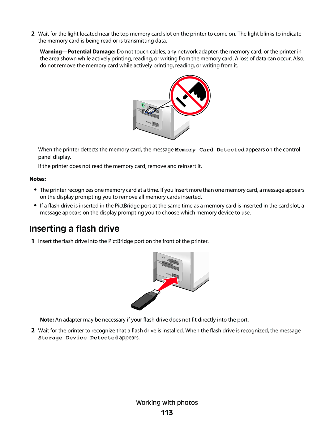 Lexmark 9500 Series manual Inserting a flash drive, 113 