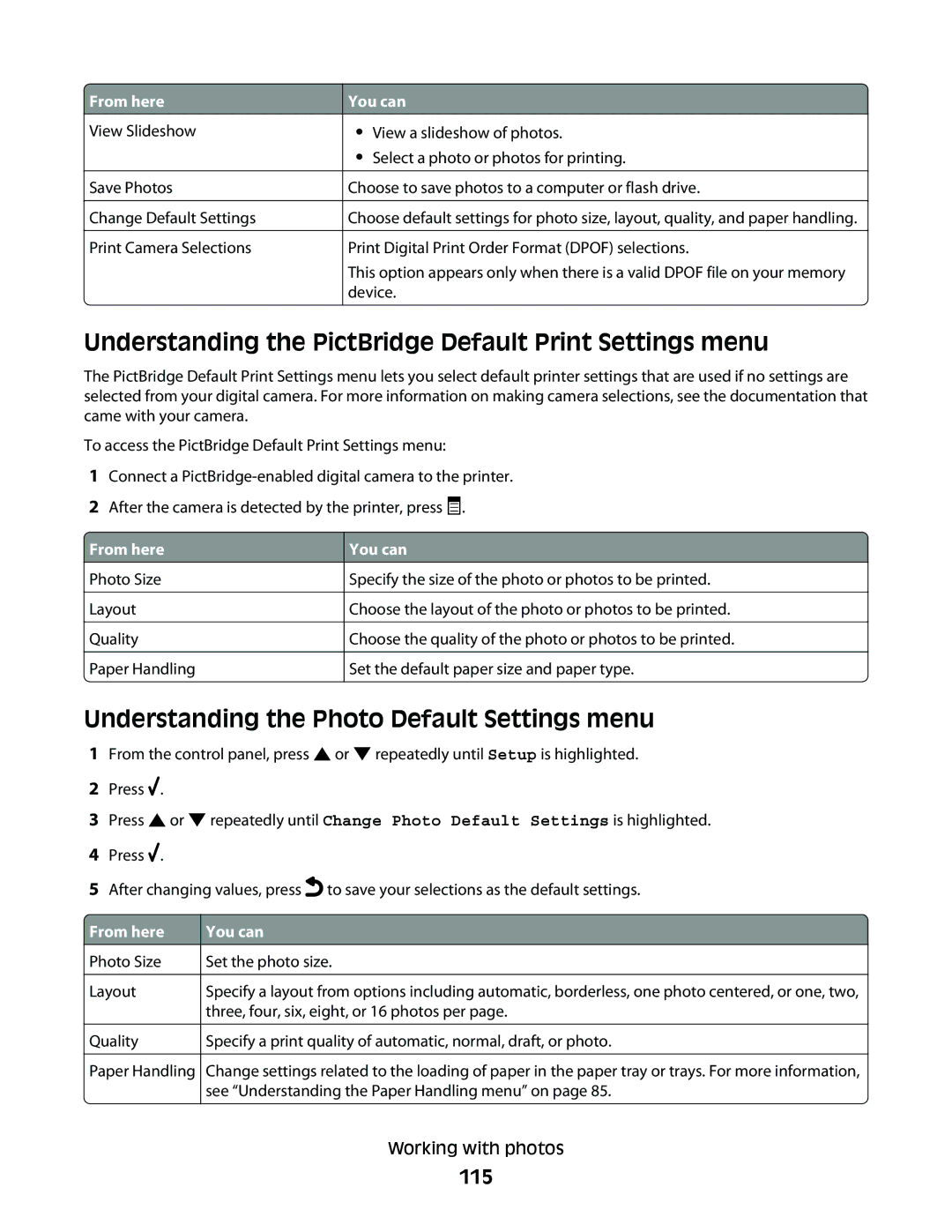 Lexmark 9500 Series manual Understanding the PictBridge Default Print Settings menu, 115 