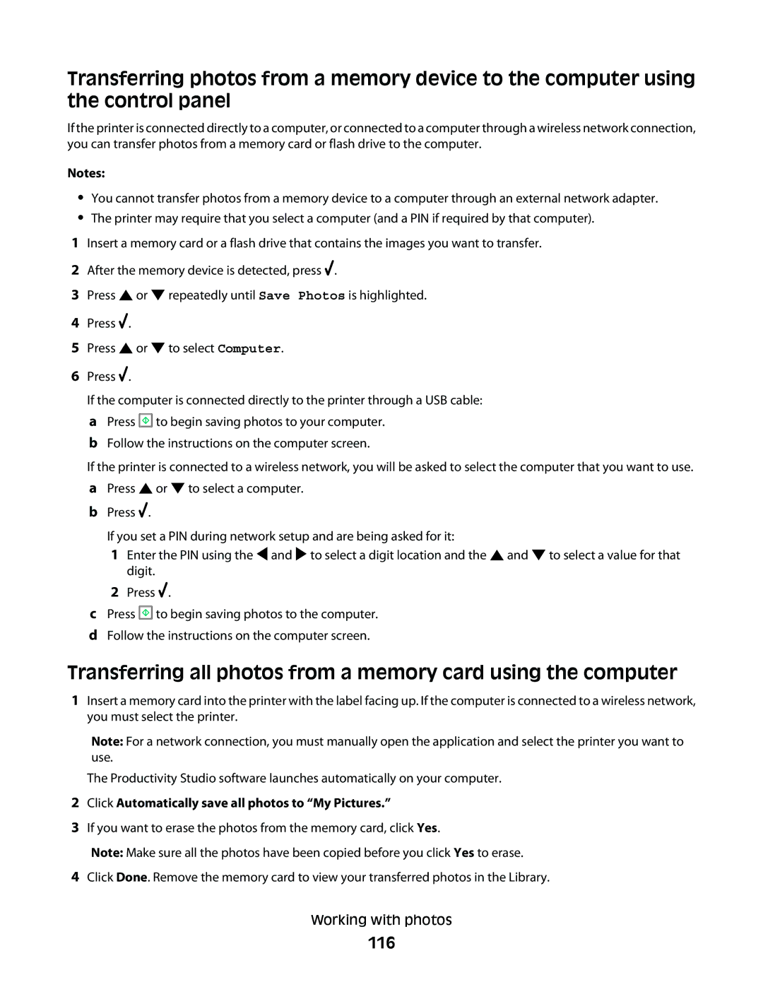 Lexmark 9500 Series manual 116, Click Automatically save all photos to My Pictures 