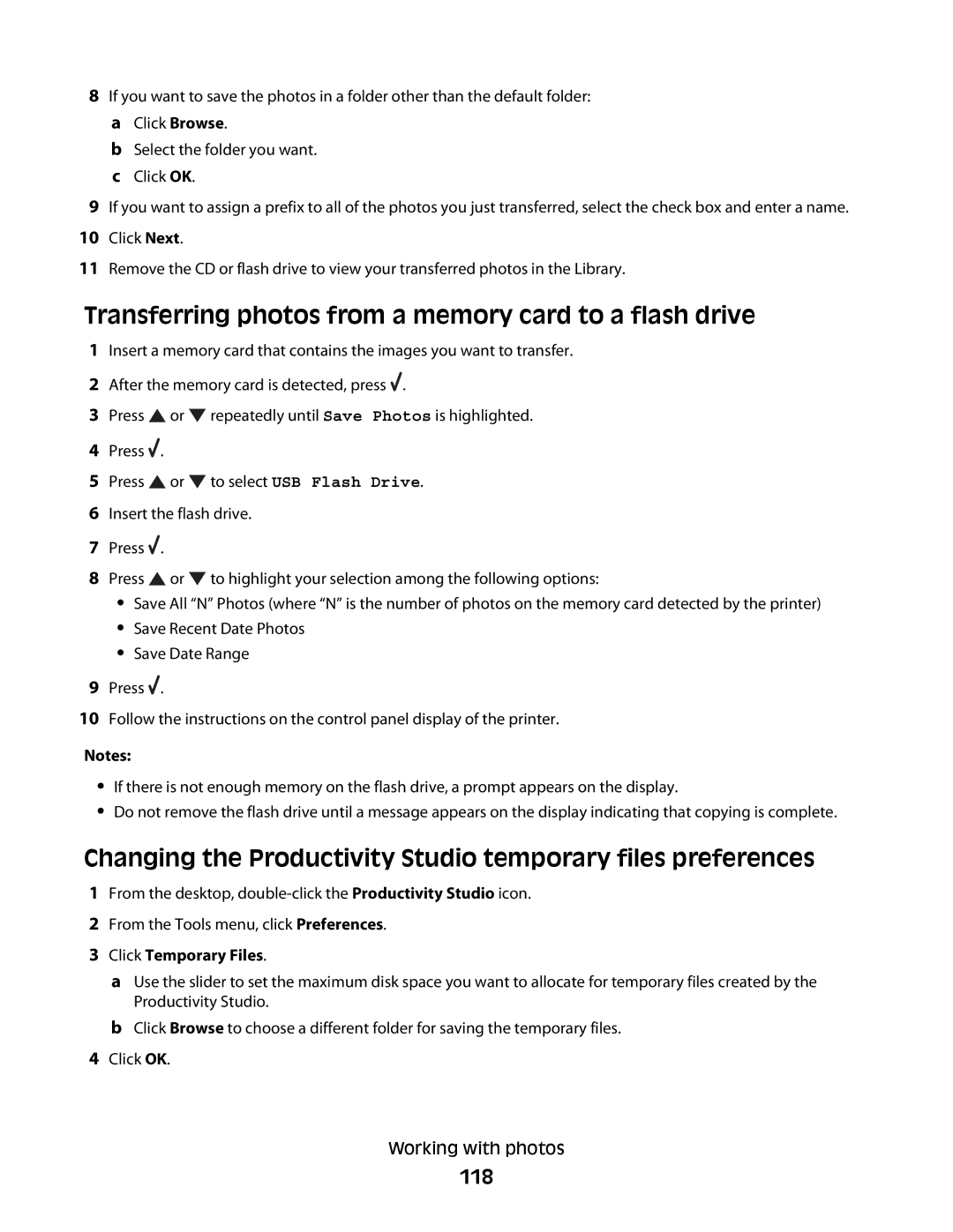 Lexmark 9500 Series manual Transferring photos from a memory card to a flash drive, 118, Click Temporary Files 