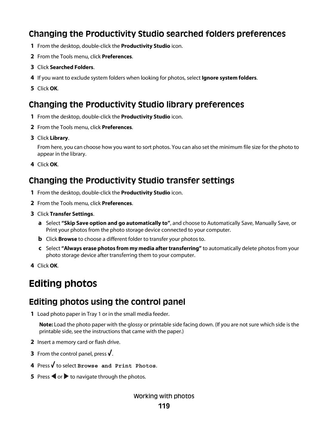 Lexmark 9500 Series manual Editing photos, Changing the Productivity Studio library preferences, 119 