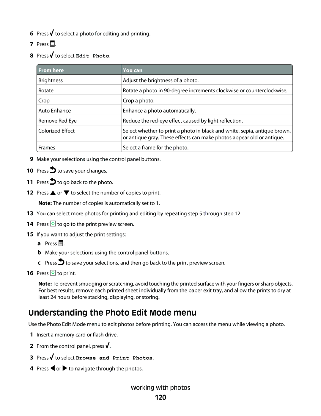 Lexmark 9500 Series manual Understanding the Photo Edit Mode menu, 120, Brightness Adjust the brightness of a photo Rotate 