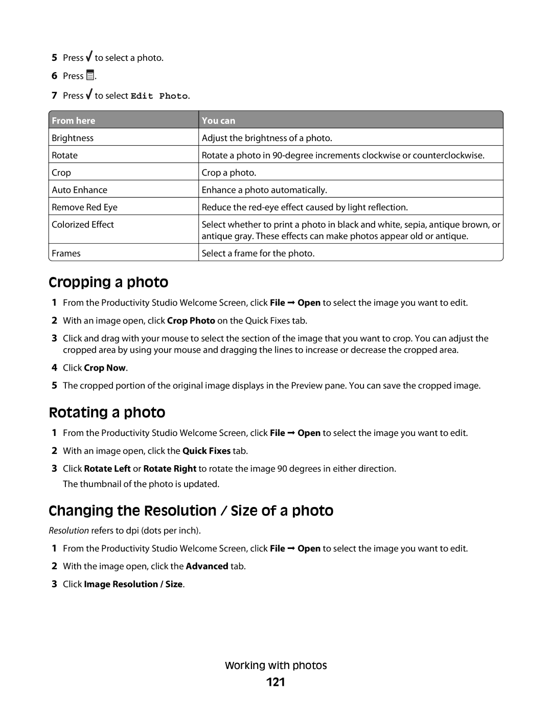 Lexmark 9500 Series manual Cropping a photo, Rotating a photo, Changing the Resolution / Size of a photo, 121 