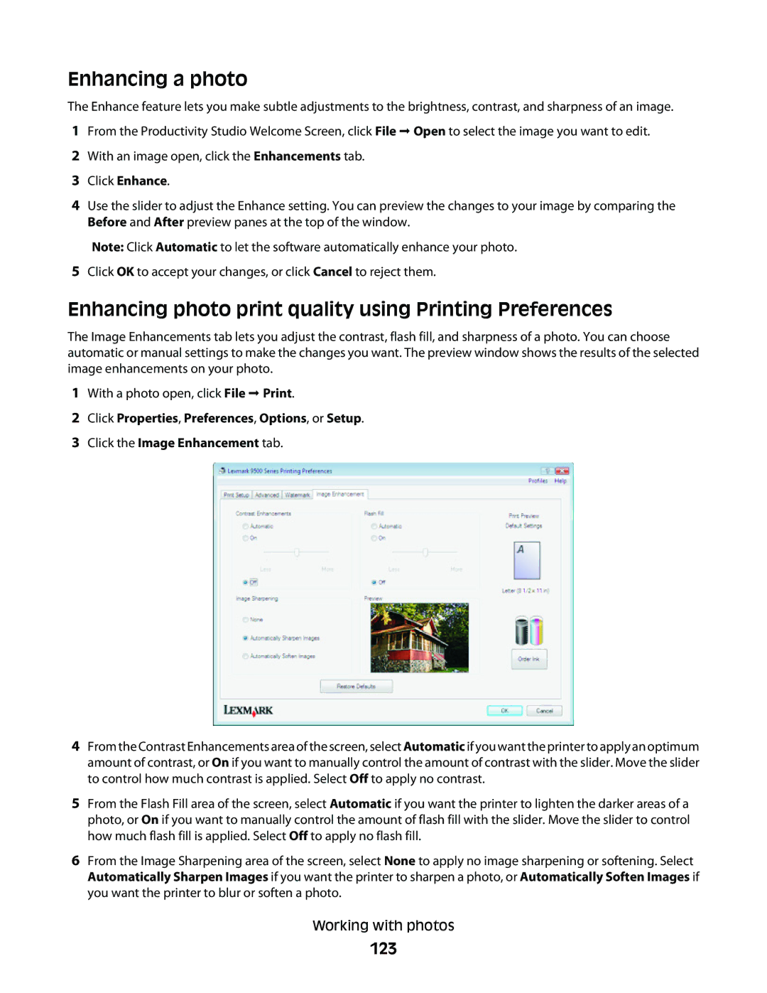 Lexmark 9500 Series manual Enhancing a photo, Enhancing photo print quality using Printing Preferences, 123 