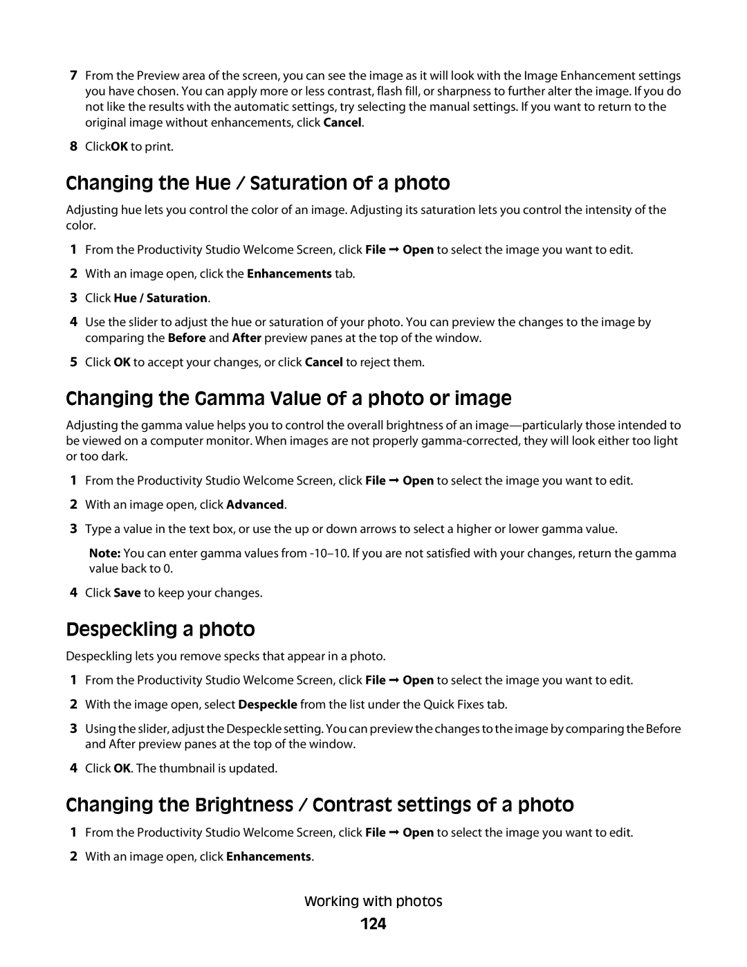 Lexmark 9500 Series manual Changing the Hue / Saturation of a photo, 124, Click Hue / Saturation 