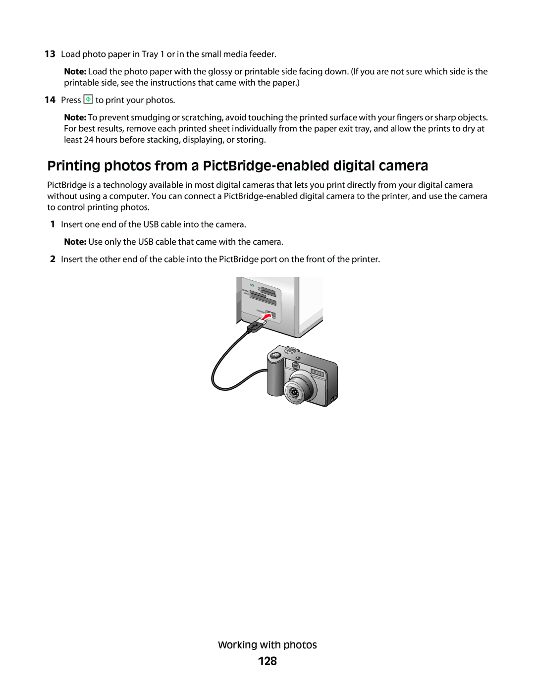 Lexmark 9500 Series manual Printing photos from a PictBridge-enabled digital camera, 128 