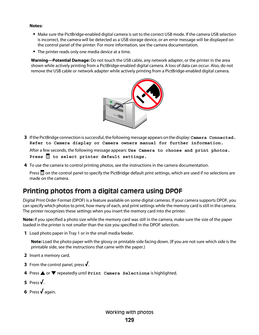 Lexmark 9500 Series Printing photos from a digital camera using Dpof, 129, Printer reads only one media device at a time 