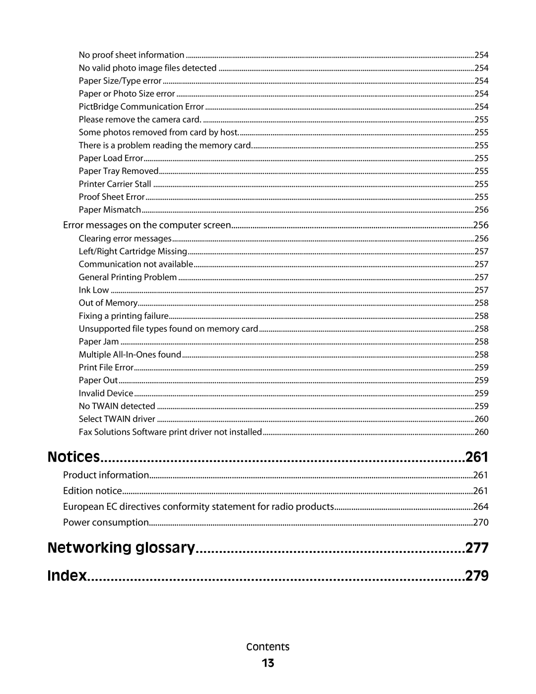 Lexmark 9500 Series manual 261, 277, 279 