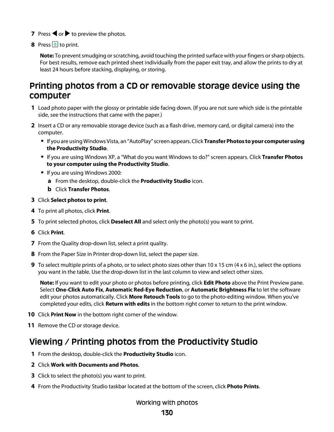 Lexmark 9500 Series manual Viewing / Printing photos from the Productivity Studio, 130, Click Select photos to print 