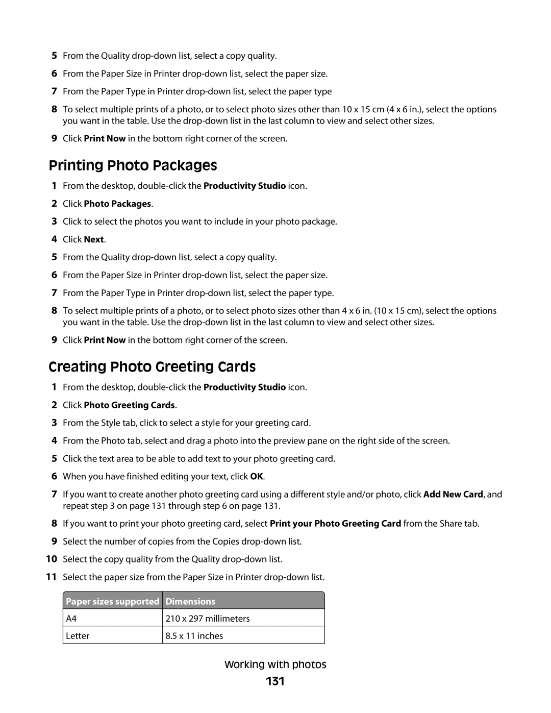 Lexmark 9500 Series manual Printing Photo Packages, Creating Photo Greeting Cards, 131, Paper sizes supported Dimensions 