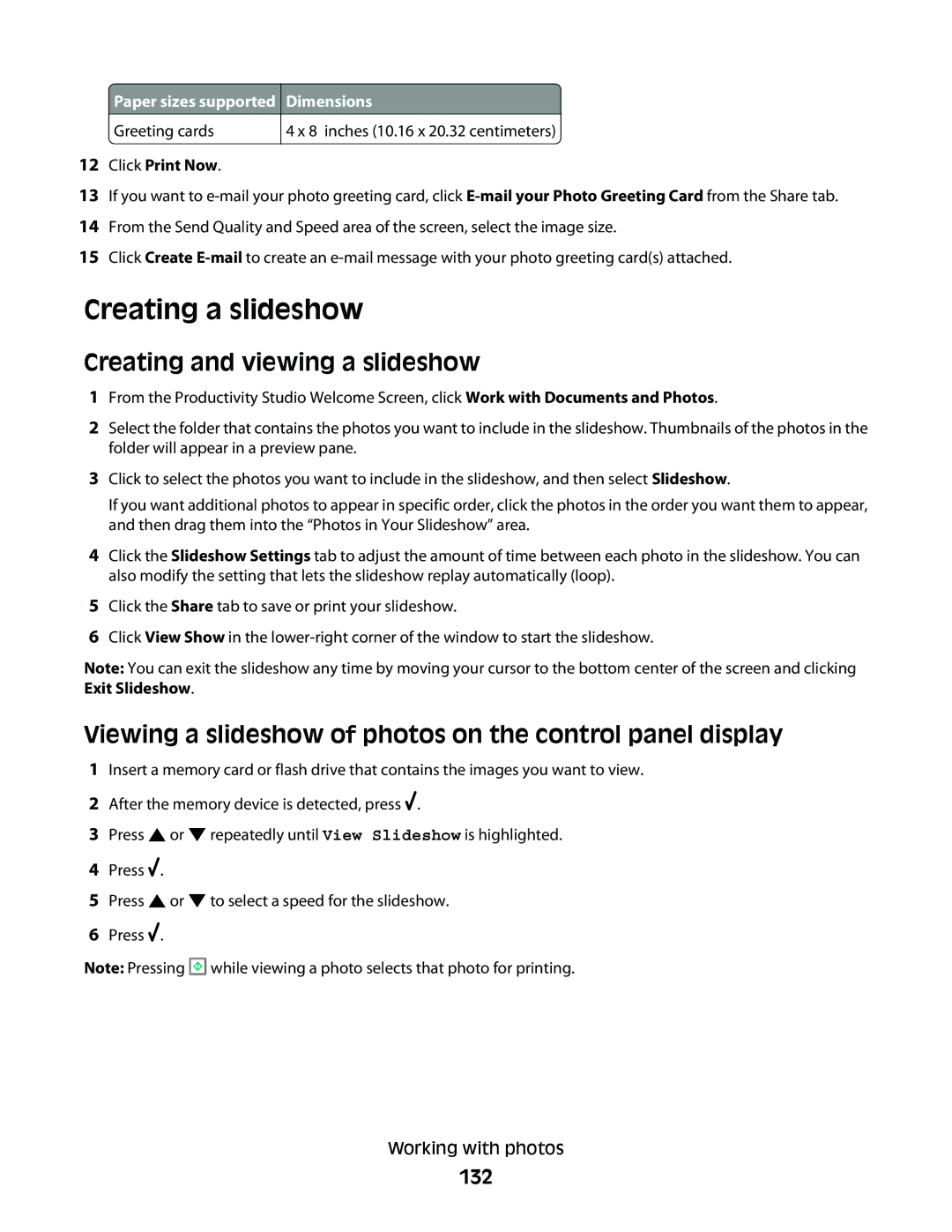 Lexmark 9500 Series manual Creating a slideshow, Creating and viewing a slideshow, 132, Dimensions 