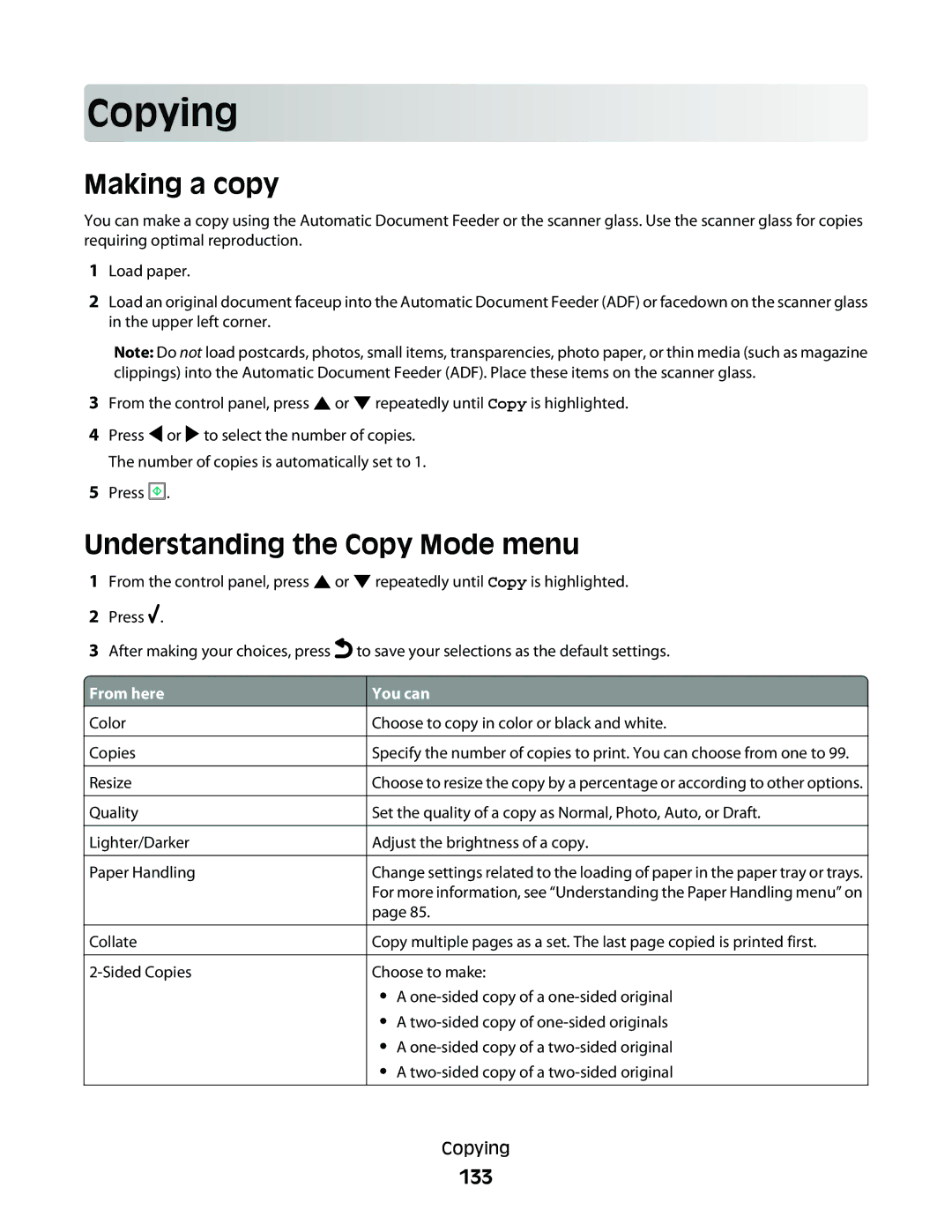 Lexmark 9500 Series manual Cop ying, Making a copy, Understanding the Copy Mode menu, 133 