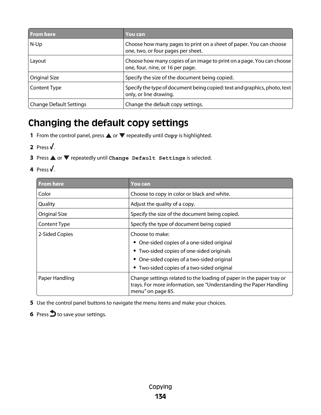 Lexmark 9500 Series Changing the default copy settings, 134, Layout Original Size Content Type Change Default Settings 