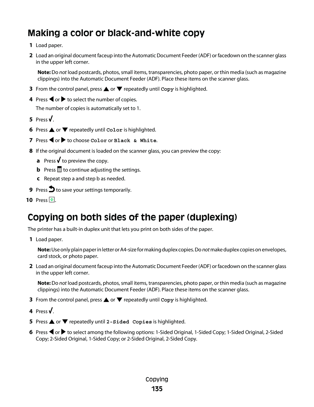 Lexmark 9500 Series manual Making a color or black-and-white copy, Copying on both sides of the paper duplexing, 135 