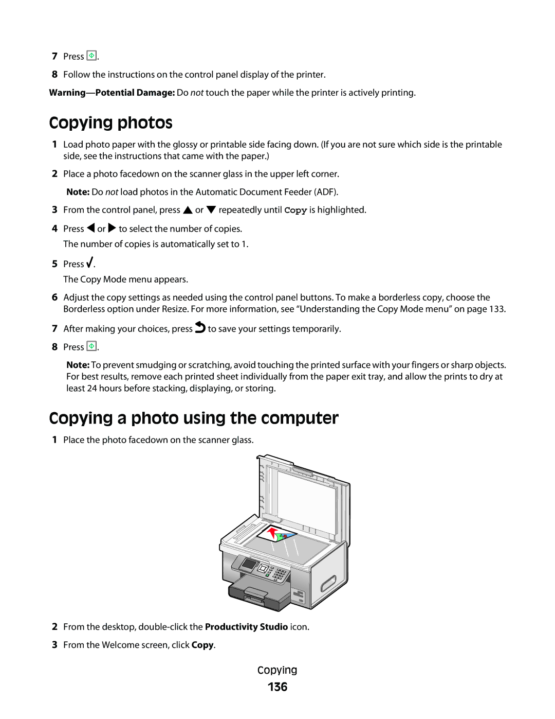 Lexmark 9500 Series manual Copying photos, Copying a photo using the computer, 136, Press Copy Mode menu appears 