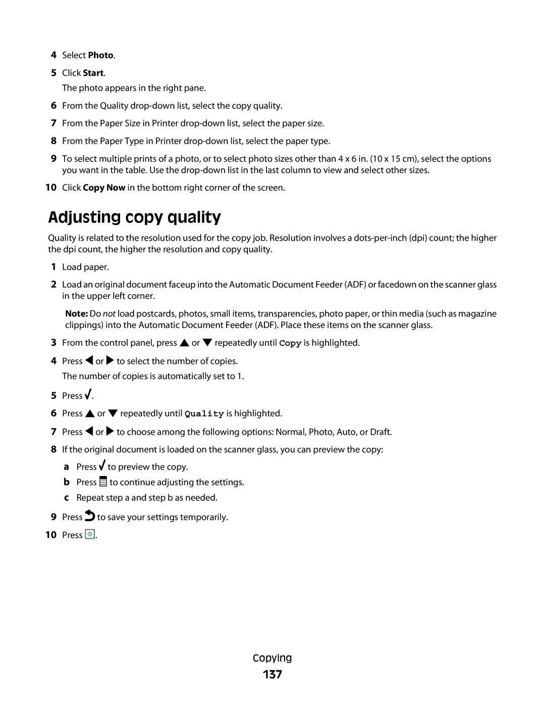 Lexmark 9500 Series manual Adjusting copy quality, 137, Click Copy Now in the bottom right corner of the screen 