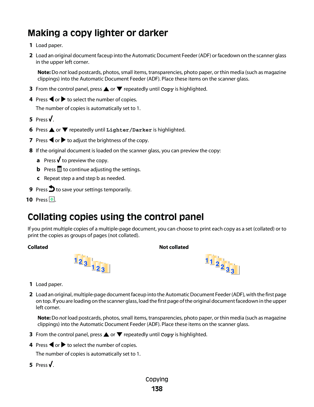 Lexmark 9500 Series manual Making a copy lighter or darker, Collating copies using the control panel, 138, Press Copying 