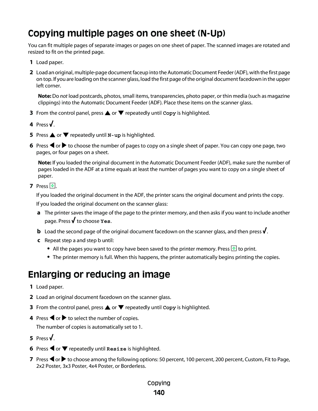 Lexmark 9500 Series manual Copying multiple pages on one sheet N-Up, Enlarging or reducing an image, 140 