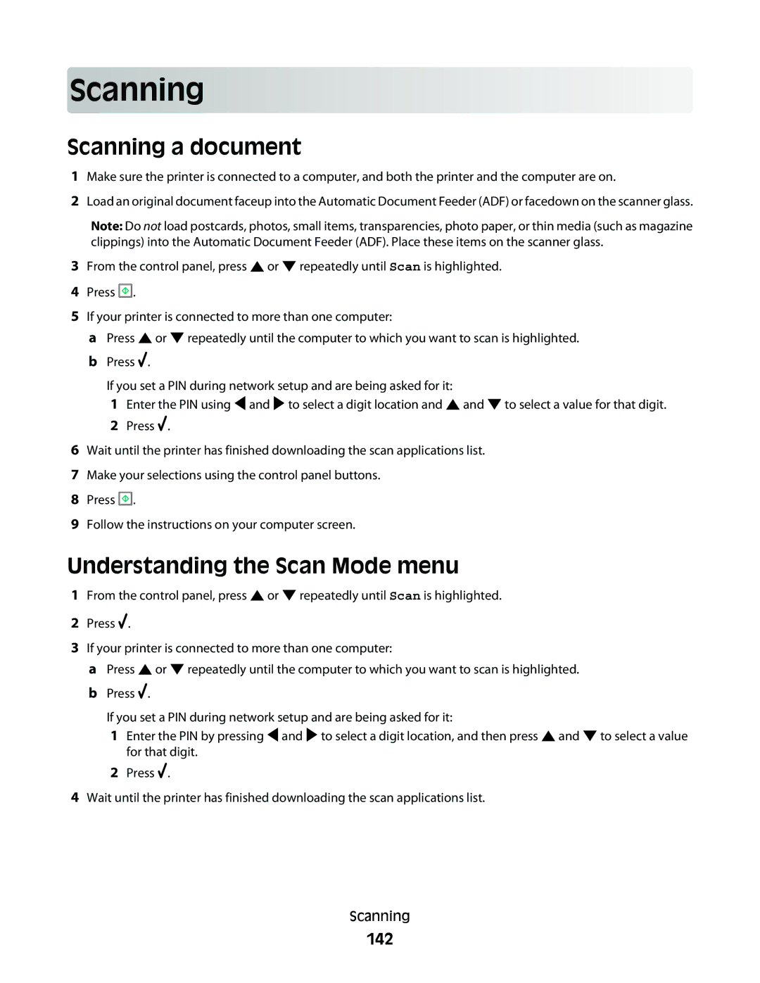 Lexmark 9500 Series manual Scan ning, Scanning a document, Understanding the Scan Mode menu, 142 