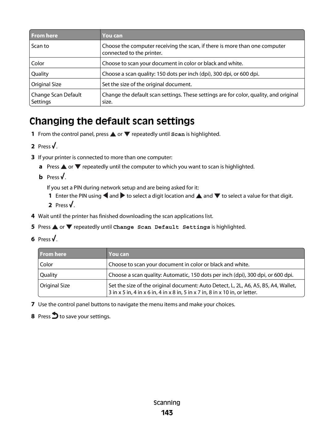 Lexmark 9500 Series manual Changing the default scan settings, 143 