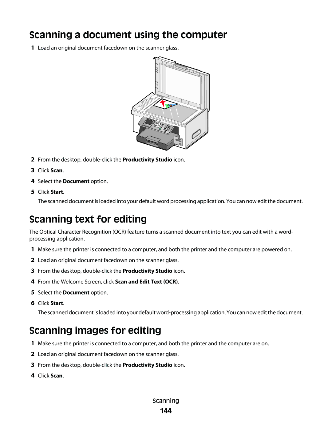 Lexmark 9500 Series Scanning a document using the computer, Scanning text for editing, Scanning images for editing, 144 