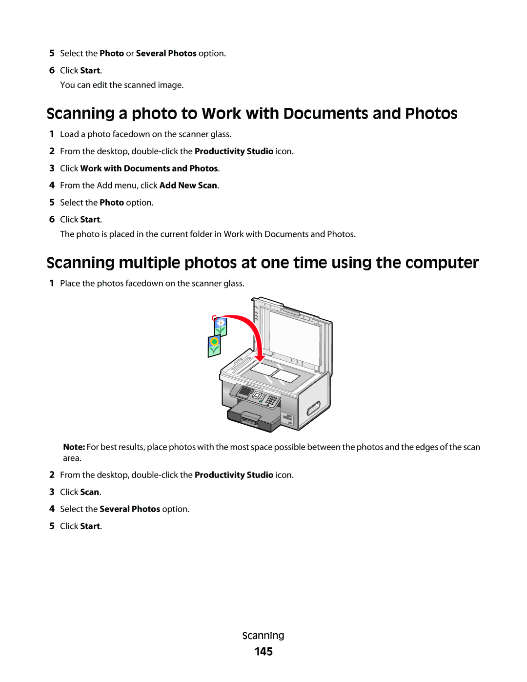 Lexmark 9500 Series manual Scanning a photo to Work with Documents and Photos, 145 